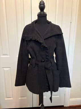 Steve Madden Charcoal Belted Coat w/Ruffle detail
